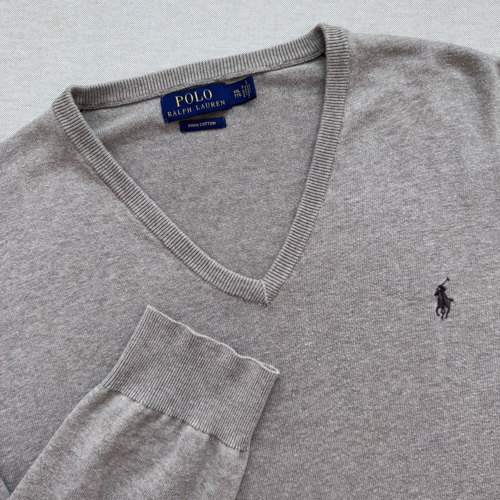 Polo Ralph Lauren Mens XXL‎ V Neck Sweater Pima Cotton Beige Tan Logo Casual